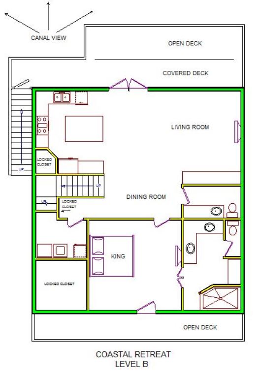 A level B layout view of Sand 'N Sea's canal house vacation rental in Jamaica Beach Galveston named Coastal Retreat